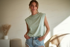 Woman wearing light green top and denim shorts image Product Image 1