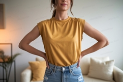 Woman wearing mustard yellow sleeveless shirt and denim jean Product Image 1
