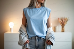 Blue sleeveless shirt denim jacket image Product Image 1