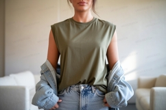 Olive green sleeveless top denim jacket image Product Image 1