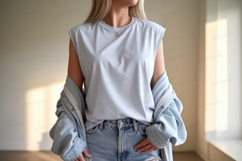 Woman wearing light blue shirt and denim jacket image Product Image 1