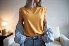 Mustard yellow top denim jacket mockup woman Product Image 1