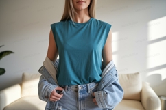 Teal tank top denim jacket light jeans image Product Image 1