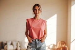 Woman wearing pink top denim shorts image Product Image 1