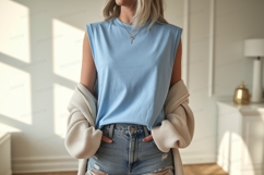 Blue tank top denim shorts cardigan image Product Image 1