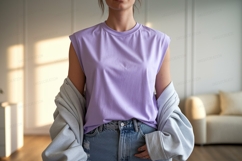 Lavender top denim jeans grey cardigan image Product Image 1