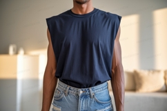 Dark blue sleeveless shirt light blue jeans denim clothing Product Image 1