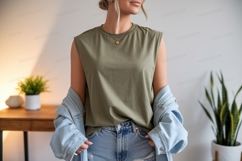 Olive green sleeveless top denim jacket image Product Image 1