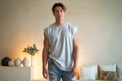 Muscular Man Gray Tank Top Ripped Jeans image Product Image 1
