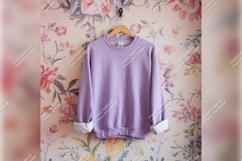 Lavender Sweatshirt Tshirt Mockup Hanging On Floral Wall Product Image 1
