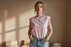 Young woman wearing pink shirt and denim shorts image Product Image 1