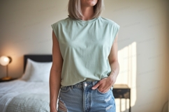 Woman wearing mint green top denim shorts image Product Image 1