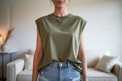Olive green sleeveless shirt blue jeans image Product Image 1