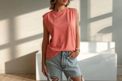 Coral sleeveless top light denim shorts image Product Image 1