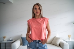 Woman coral shirt denim shorts image Product Image 1