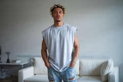 Young man grey tank top denim jeans Product Image 1