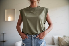 Olive green sleeveless top denim shorts image Product Image 1