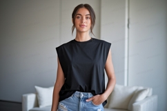 Black sleeveless top denim jeans woman Product Image 1
