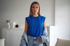 Woman blue shirt denim jacket image Product Image 1