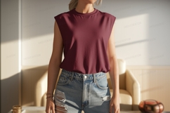 Maroon sleeveless top ripped denim shorts image Product Image 1