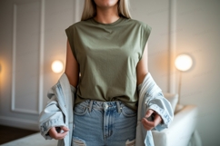 Olive green sleeveless shirt denim jacket image Product Image 1