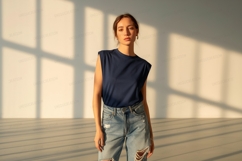 Woman wearing dark blue top ripped jeans Product Image 1