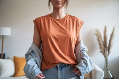 Orange shirt denim jacket jeans Product Image 1