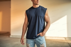 Muscular man wearing navy sleeveless shirt ripped jeans Product Image 1
