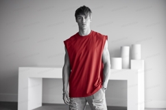 Red sleeveless shirt ripped jeans mockup male fashion Product Image 1