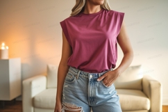 Woman wearing pink shirt and denim shorts image Product Image 1