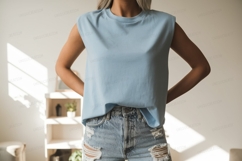 Blue shoulder pad top ripped denim sleeveless Product Image 1