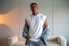Muscular man wearing white tank top denim jacket image Product Image 1