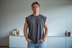 Muscular man grey sleeveless shirt blue Product Image 1