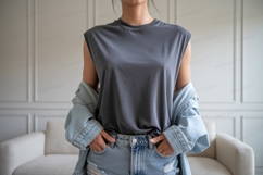 Woman wearing grey tank top denim jacket image Product Image 1