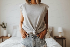Grey shirt denim shorts mockup image Product Image 1