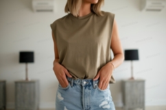 Olive green sleeveless top light wash denim shorts Product Image 1