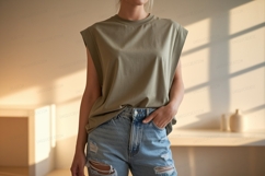 Olive green sleeveless top ripped jeans image Product Image 1