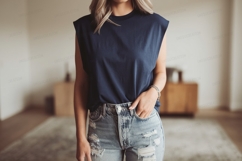 Navy blue sleeveless top distressed denim jeans image Product Image 1