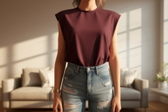 Maroon top ripped jeans mockup denim Product Image 1