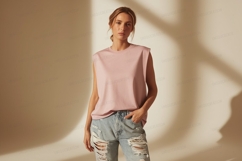 Woman wearing pink sleeveless shirt ripped jeans image Product Image 1