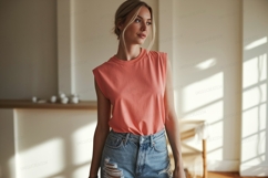 Woman wearing coral top denim shorts image Product Image 1