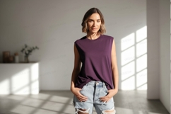 Woman purple sleeveless top ripped jeans image Product Image 1