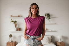 Woman wearing magenta top and denim shorts image Product Image 1