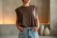 Brown sleeveless top ripped denim shorts image Product Image 1