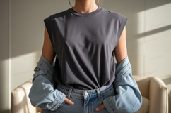 Dark grey sleeveless shirt denim jacket blue Product Image 1