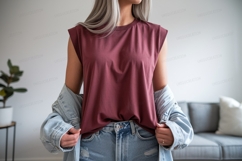 Maroon sleeveless top denim jacket jeans image Product Image 1