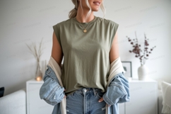 Olive green sleeveless top denim jacket woman clothing Product Image 1