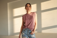 Woman wearing pink top and denim jeans image Product Image 1
