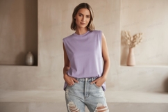 Woman wearing purple tank top ripped jeans image Product Image 1