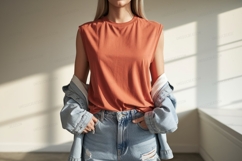 Orange sleeveless shirt denim jacket image Product Image 1